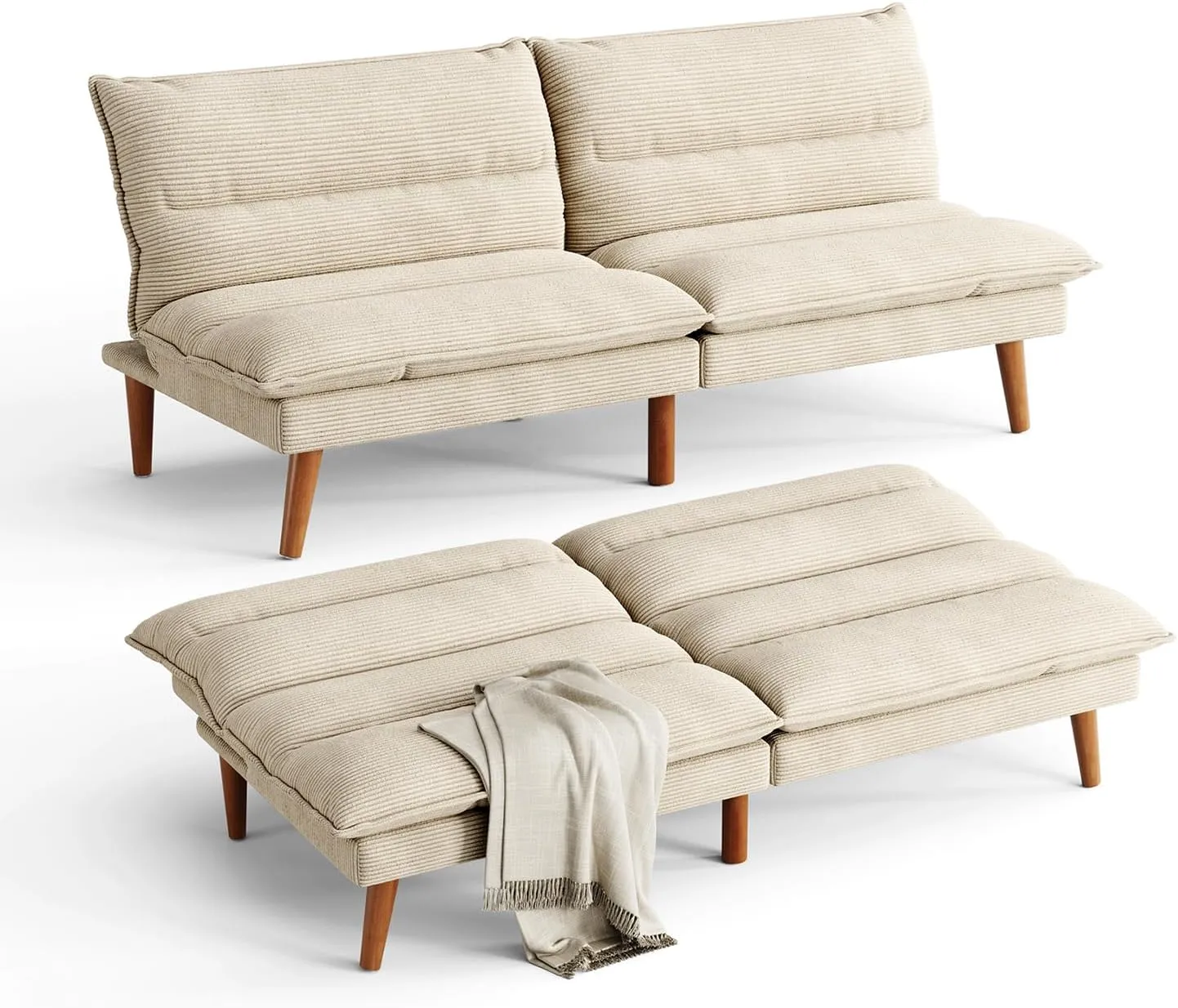 LINSY 71 Inch Futon Sofa Bed Corduroy Futon Couch with Adjustable Backrest, Convertible Folding Futons Sofa Couches for Small Spaces Living Rooms Apartment Office (Beige)