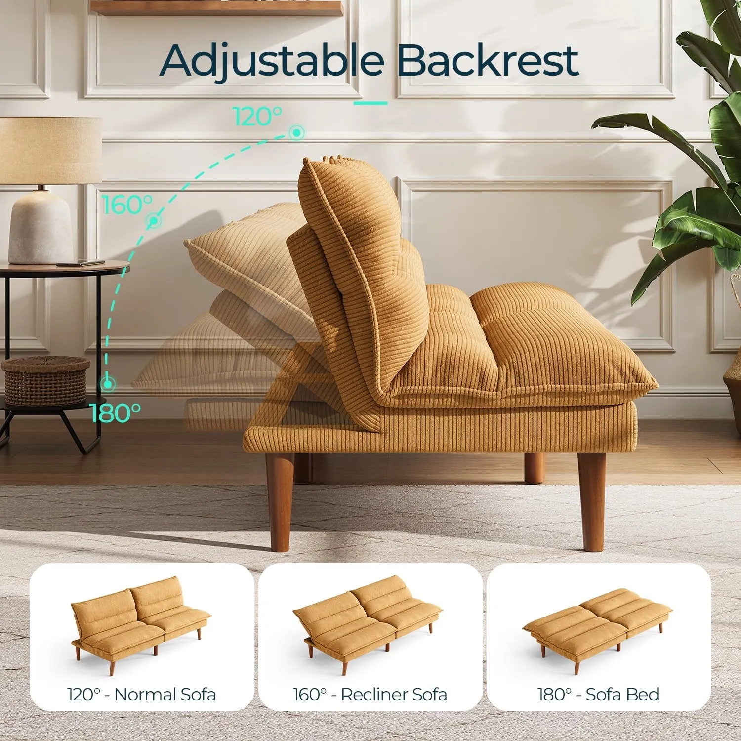 LINSY Futon Sofa Bed - 71 Inch Corduroy Futon Couch with Adjustable Backrest Convertible Folding Futons Sofa Couches for Small Spaces Living Rooms Apartment Office (Yellow)