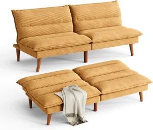 LINSY Futon Sofa Bed - 71 Inch Corduroy Futon Couch with Adjustable Backrest Convertible Folding Futons Sofa Couches for Small Spaces Living Rooms Apartment Office (Yellow)