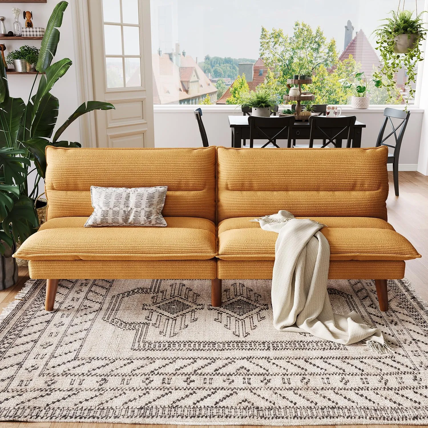 LINSY Futon Sofa Bed - 71 Inch Corduroy Futon Couch with Adjustable Backrest Convertible Folding Futons Sofa Couches for Small Spaces Living Rooms Apartment Office (Yellow)
