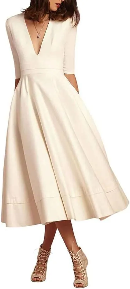Little White Dresses 1950s Vintage Retro Style Rockabilly v Neck Tea Length Satin Pinup Party Dress