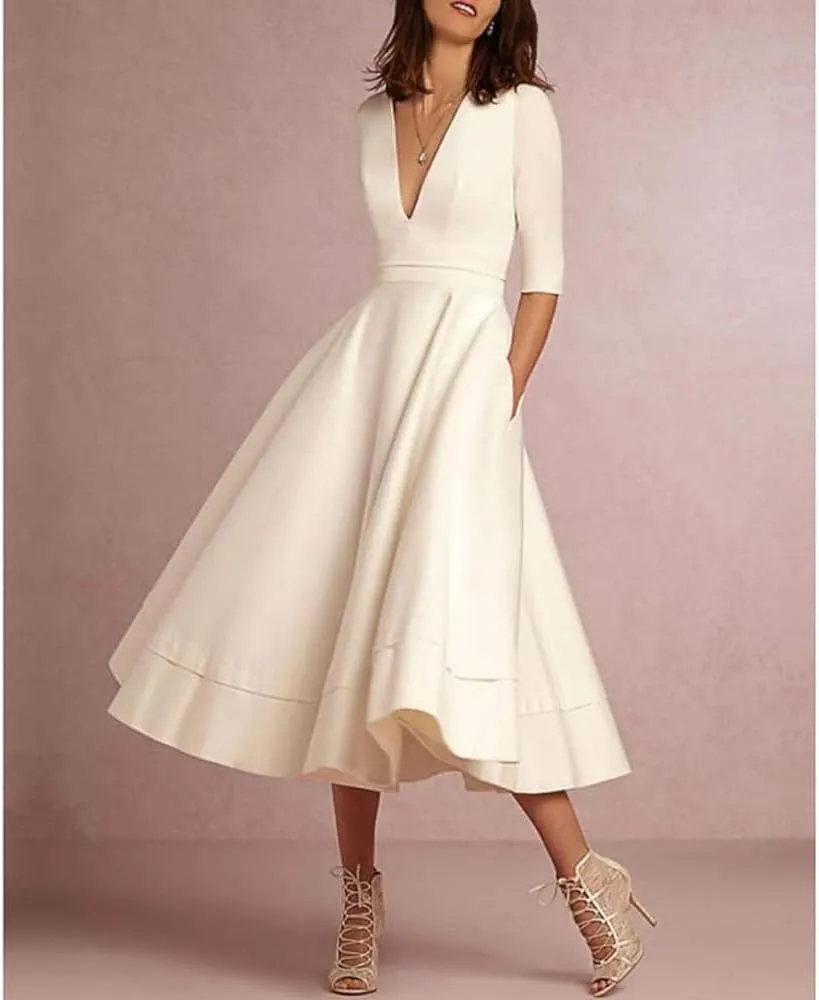 Little White Dresses 1950s Vintage Retro Style Rockabilly v Neck Tea Length Satin Pinup Party Dress