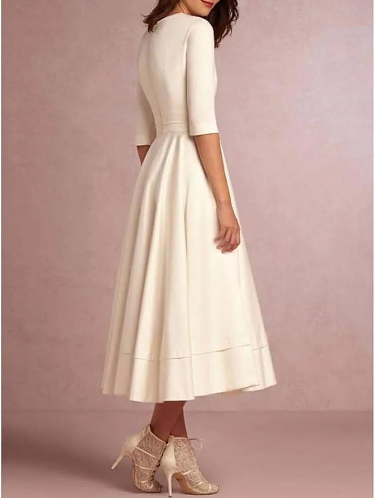 Little White Dresses 1950s Vintage Retro Style Rockabilly v Neck Tea Length Satin Pinup Party Dress