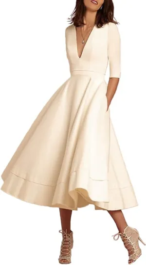 Little White Dresses 1950s Vintage Retro Style Rockabilly v Neck Tea Length Satin Pinup Party Dress