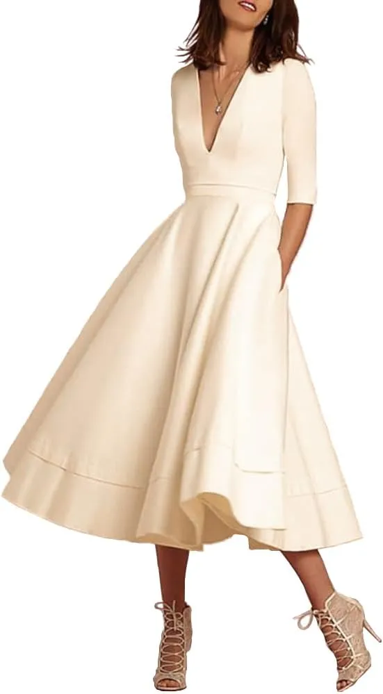 Little White Dresses 1950s Vintage Retro Style Rockabilly v Neck Tea Length Satin Pinup Party Dress