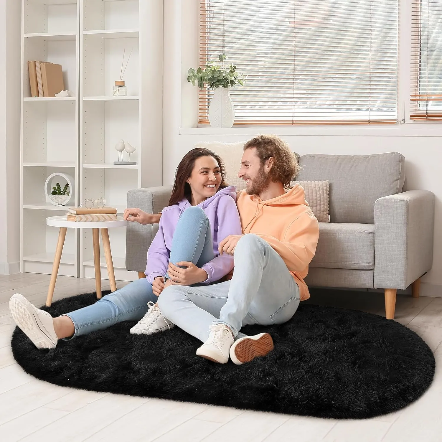 LOCHAS Fluffy Black Bedroom Rug 2.6' x 5.3', Shaggy Area Rug for Bedroom Bedside, Soft Oval Throw Rugs Carpet for Living Room Kids Girls Home Decor