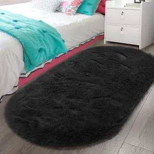 LOCHAS Fluffy Black Bedroom Rug 2.6' x 5.3', Shaggy Area Rug for Bedroom Bedside, Soft Oval Throw Rugs Carpet for Living Room Kids Girls Home Decor