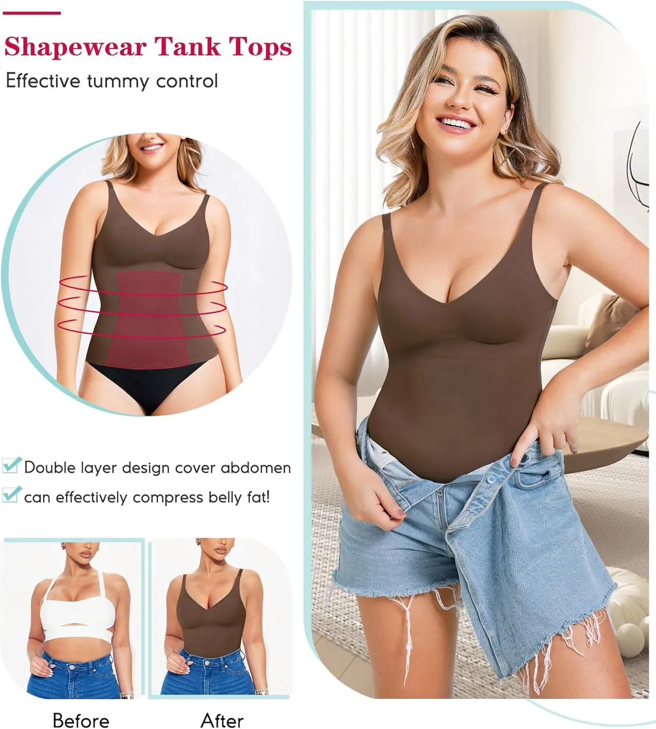 LODAY Compression Tank Tops for Women Tummy Control Shapewear Seamless Body Shaper Workout V-Neck Camisole Cami Tops