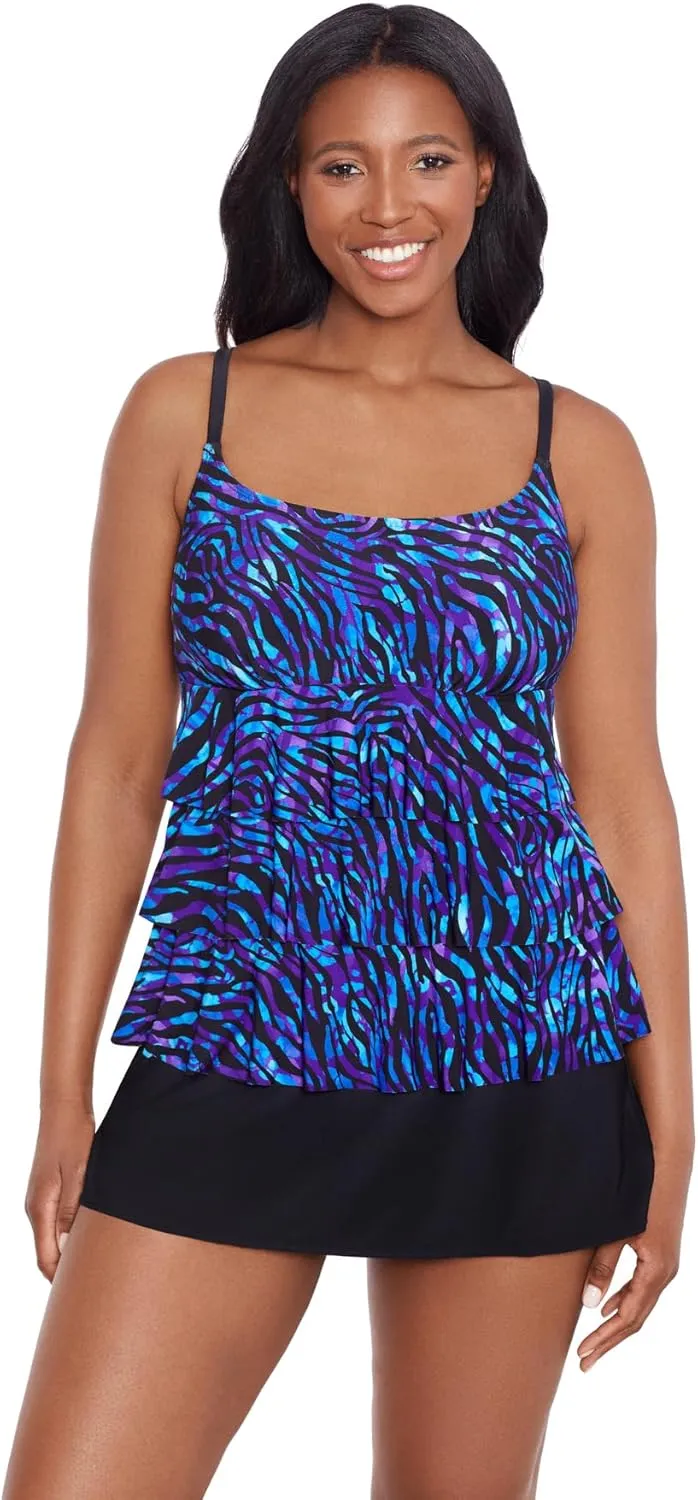 Longitude Women's Swimwear Faux Ruffle Skirtini with Pockets One Piece Swimsuit