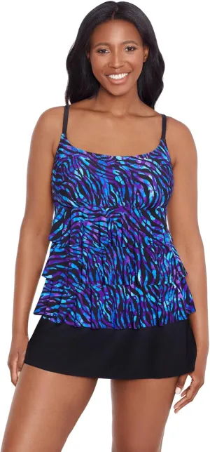Longitude Women's Swimwear Faux Ruffle Skirtini with Pockets One Piece Swimsuit