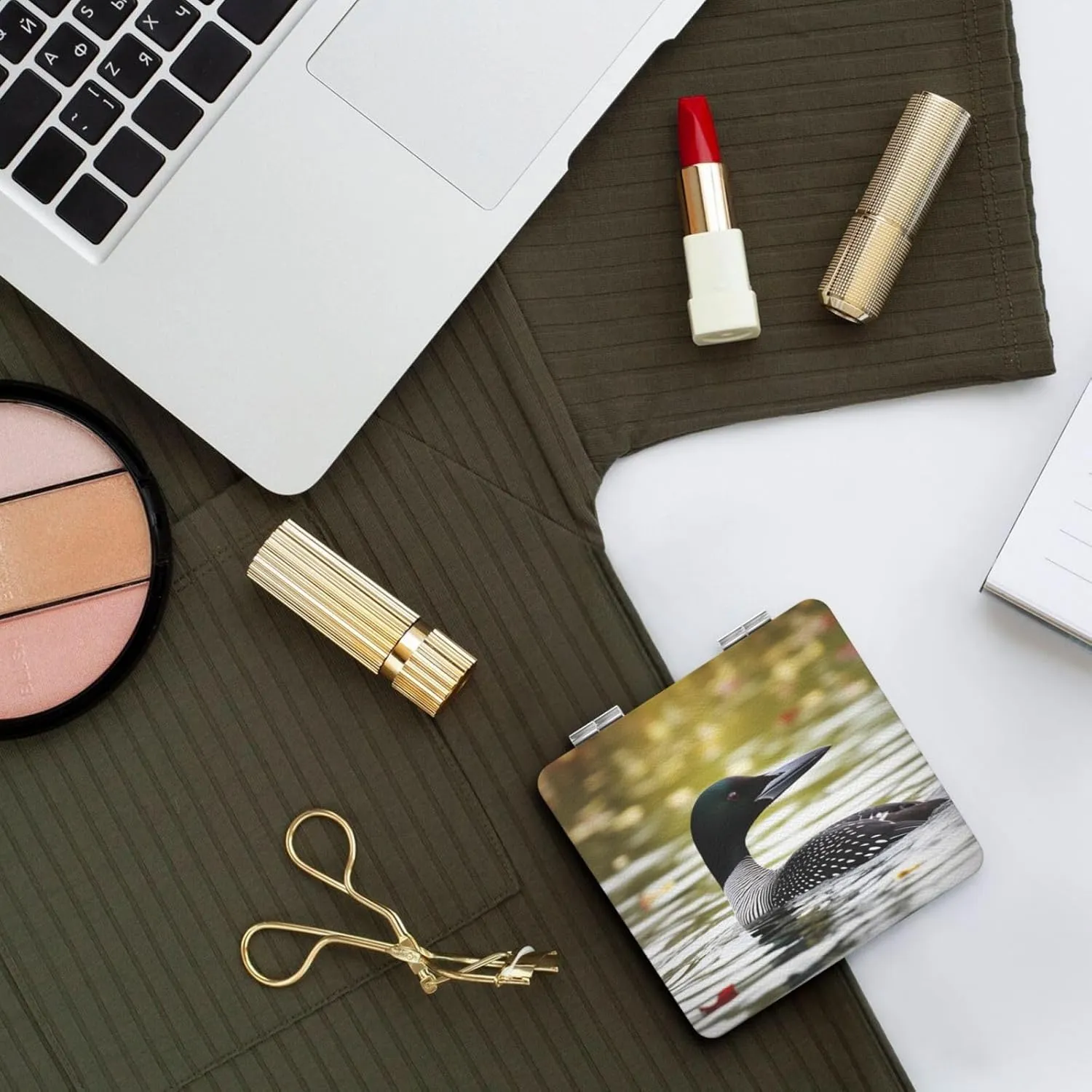 Loon Nature Bird Printed Square Pocket Makeup Mirror with 1X/2X Magnification, Portable Mini Travel Makeup Mirror for Travel Daily Work Beauty
