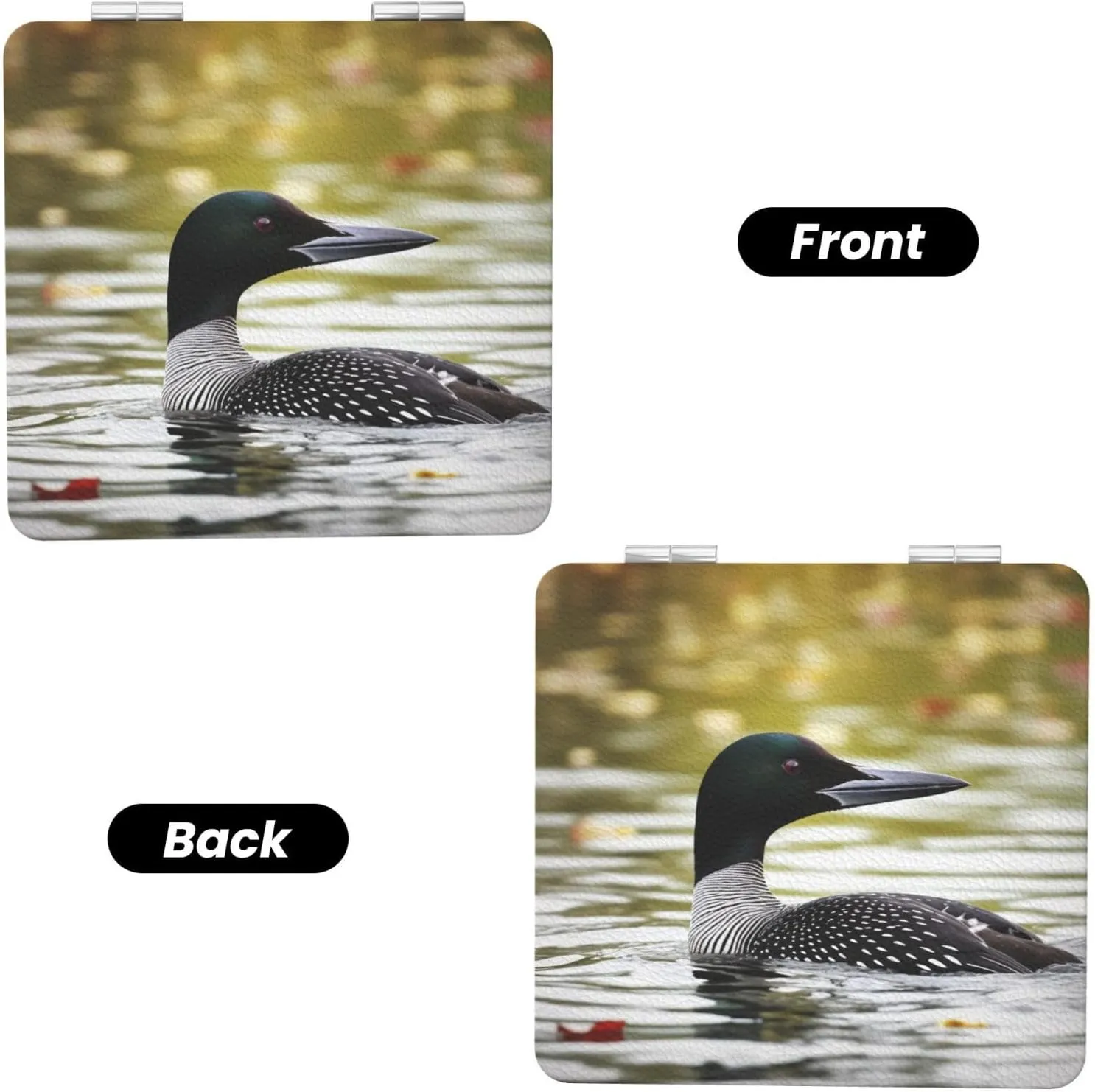 Loon Nature Bird Printed Square Pocket Makeup Mirror with 1X/2X Magnification, Portable Mini Travel Makeup Mirror for Travel Daily Work Beauty
