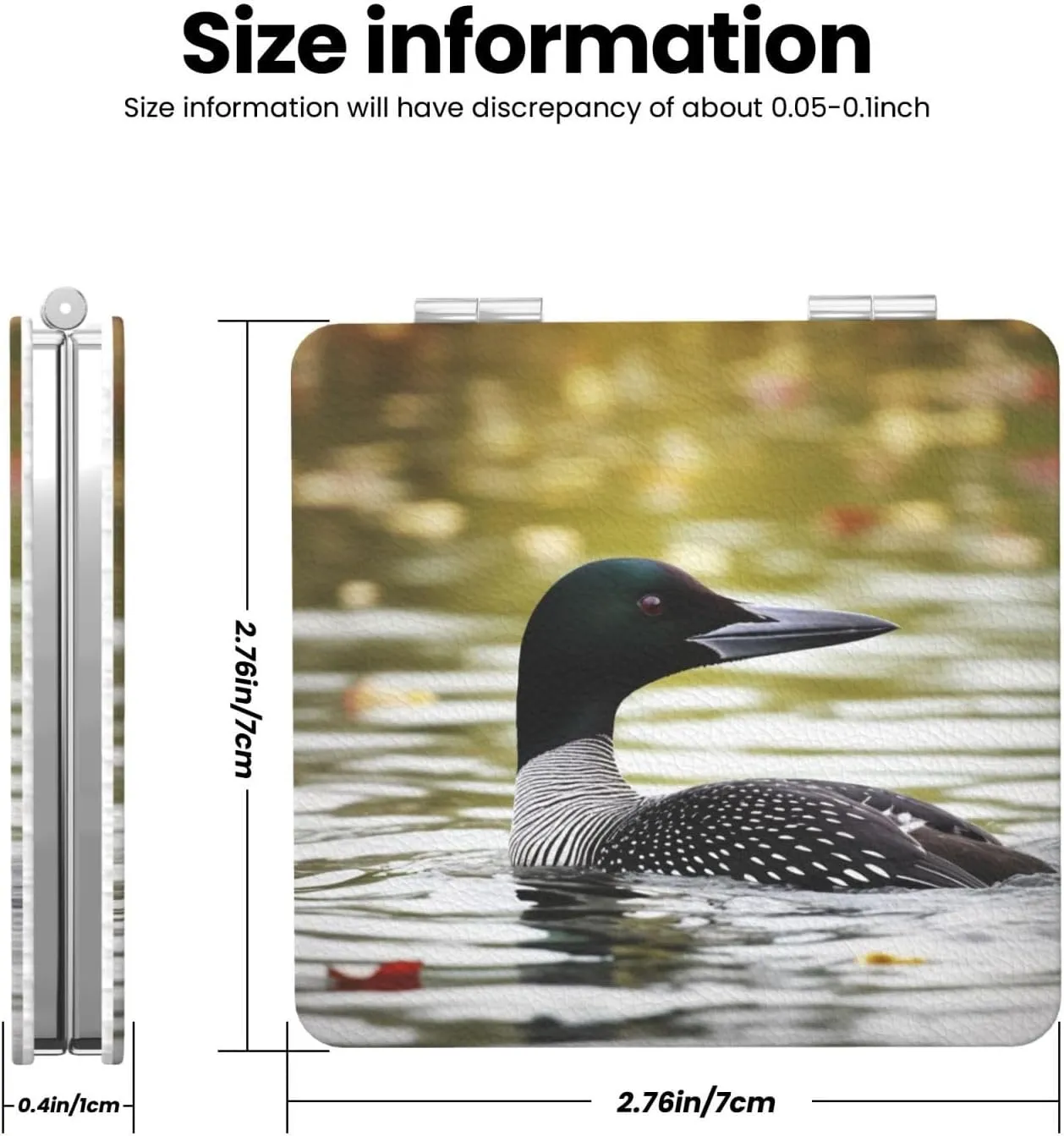 Loon Nature Bird Printed Square Pocket Makeup Mirror with 1X/2X Magnification, Portable Mini Travel Makeup Mirror for Travel Daily Work Beauty