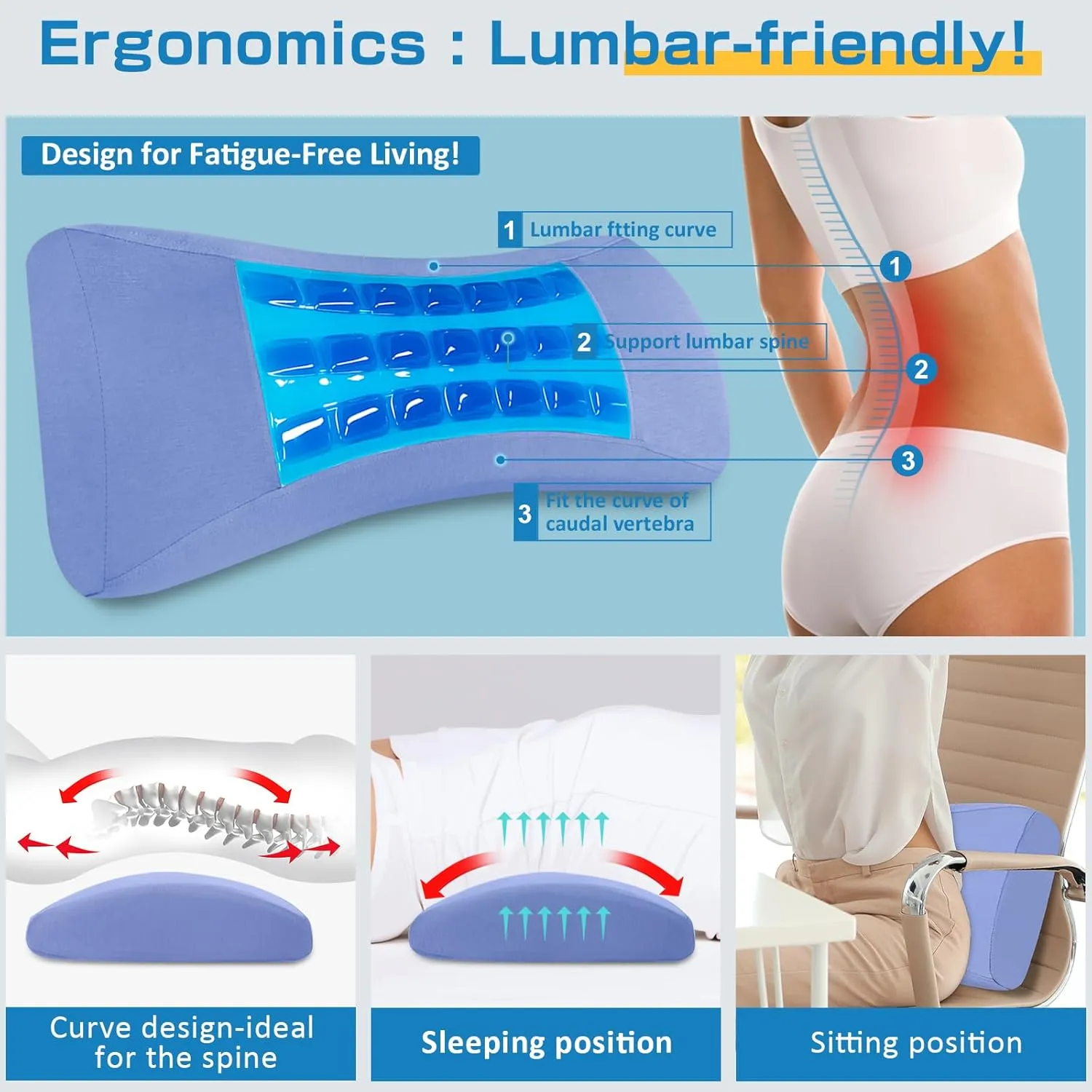 Lumbar Support Pillow for Bed Relief Lower Back Pain with Cooling Gel: Sciatica Lower Back Pillow for Sleeping-Memory Foam Waist Pillow for Side/Back/Stomach