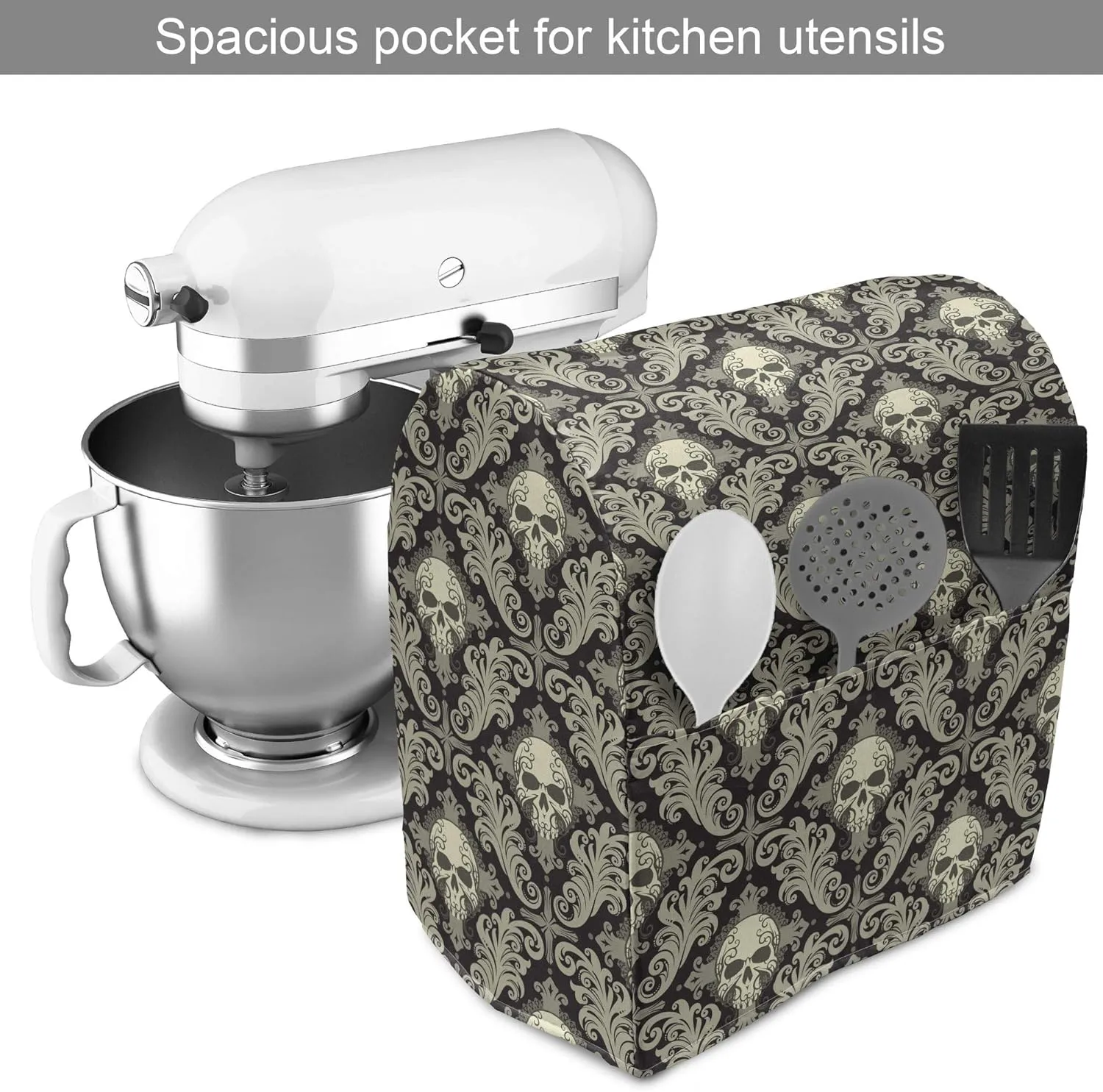 Lunarable Skull Stand Mixer Cover, Skulls with Floral Curly Details Antique Victorian Design Gothic Elements, Kitchen Appliance Organizer Bag Cover with Pockets, 6-8 Quarts, Black Taupe