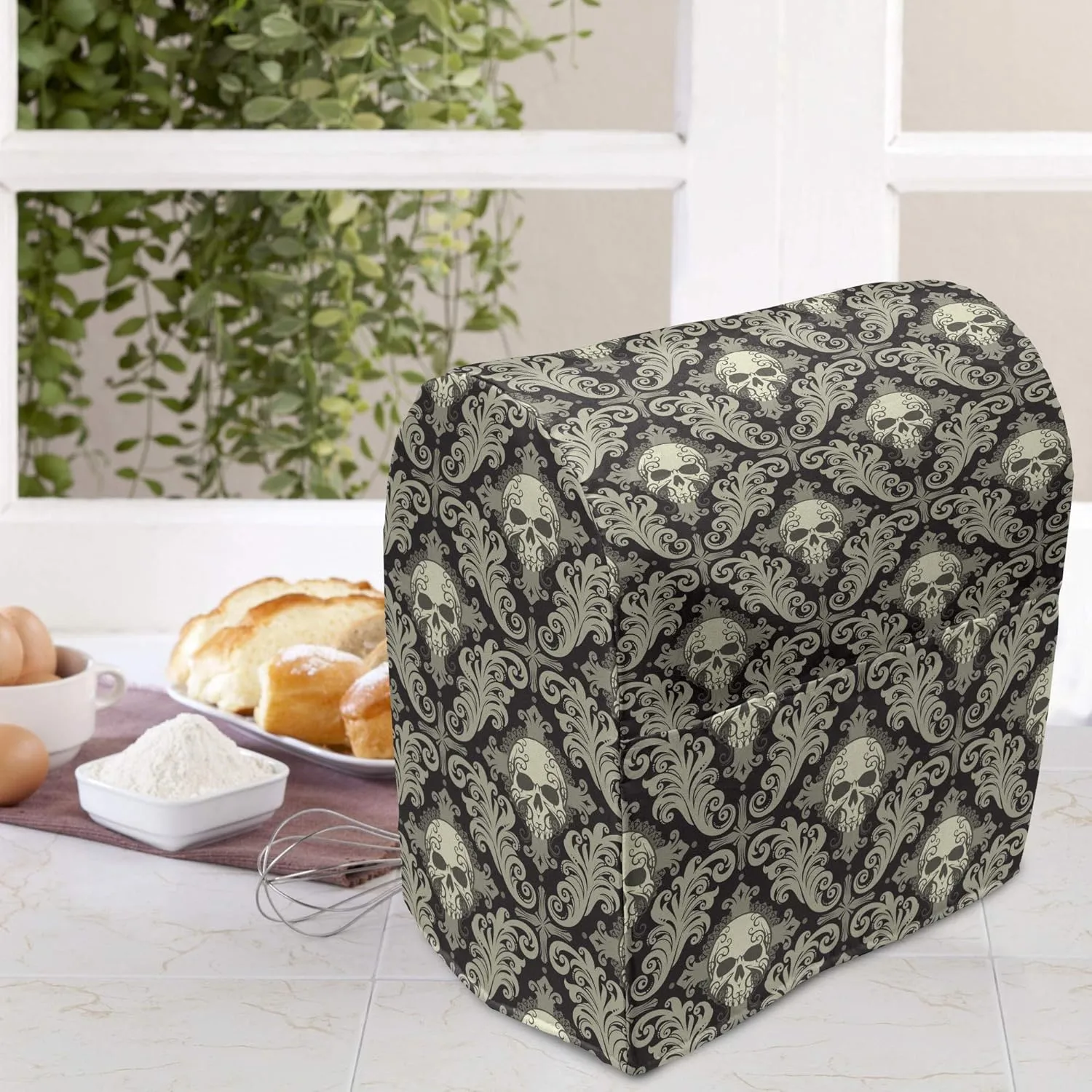Lunarable Skull Stand Mixer Cover, Skulls with Floral Curly Details Antique Victorian Design Gothic Elements, Kitchen Appliance Organizer Bag Cover with Pockets, 6-8 Quarts, Black Taupe