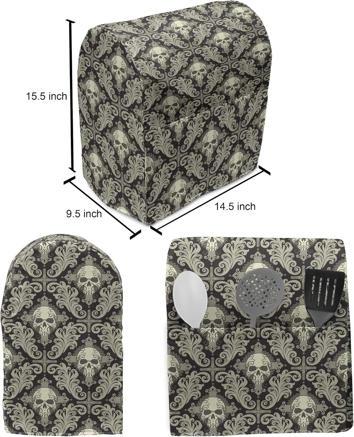 Lunarable Skull Stand Mixer Cover, Skulls with Floral Curly Details Antique Victorian Design Gothic Elements, Kitchen Appliance Organizer Bag Cover with Pockets, 6-8 Quarts, Black Taupe
