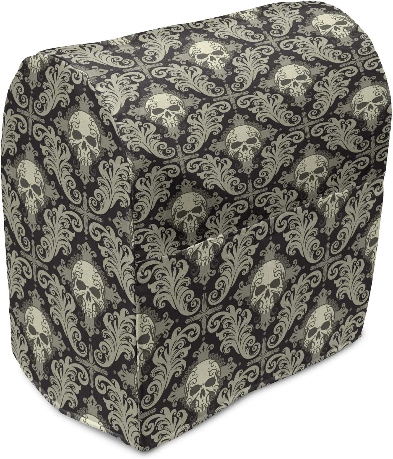 Lunarable Skull Stand Mixer Cover, Skulls with Floral Curly Details Antique Victorian Design Gothic Elements, Kitchen Appliance Organizer Bag Cover with Pockets, 6-8 Quarts, Black Taupe