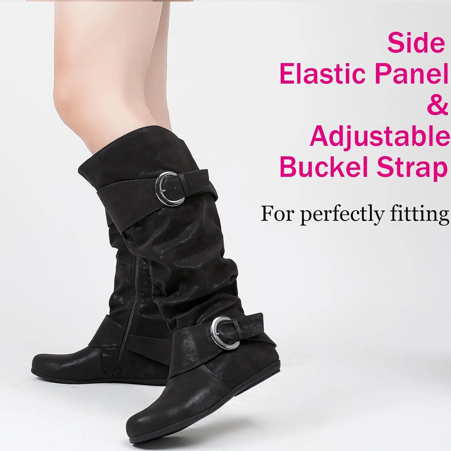 Luoika Women's Extra Wide Calf Knee High Slouchy Boots, Wide Width Tall Boots with Flat Heel Side Zipper.