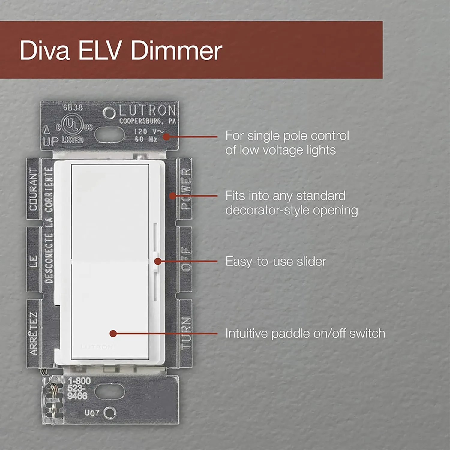 Lutron DVELV-300P-IV Diva 300-watt Single Pole Electronic Low-Voltage Dimmer, Ivory