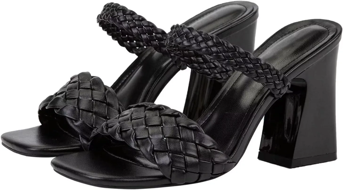 LUXINYU Braided Sandals for Women Square Open Toe Backless Mules Slip On Chunky Block Heel Slide Sandals