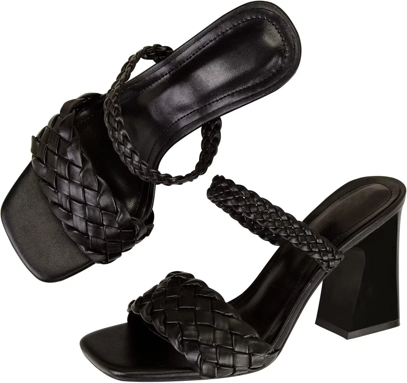 LUXINYU Braided Sandals for Women Square Open Toe Backless Mules Slip On Chunky Block Heel Slide Sandals