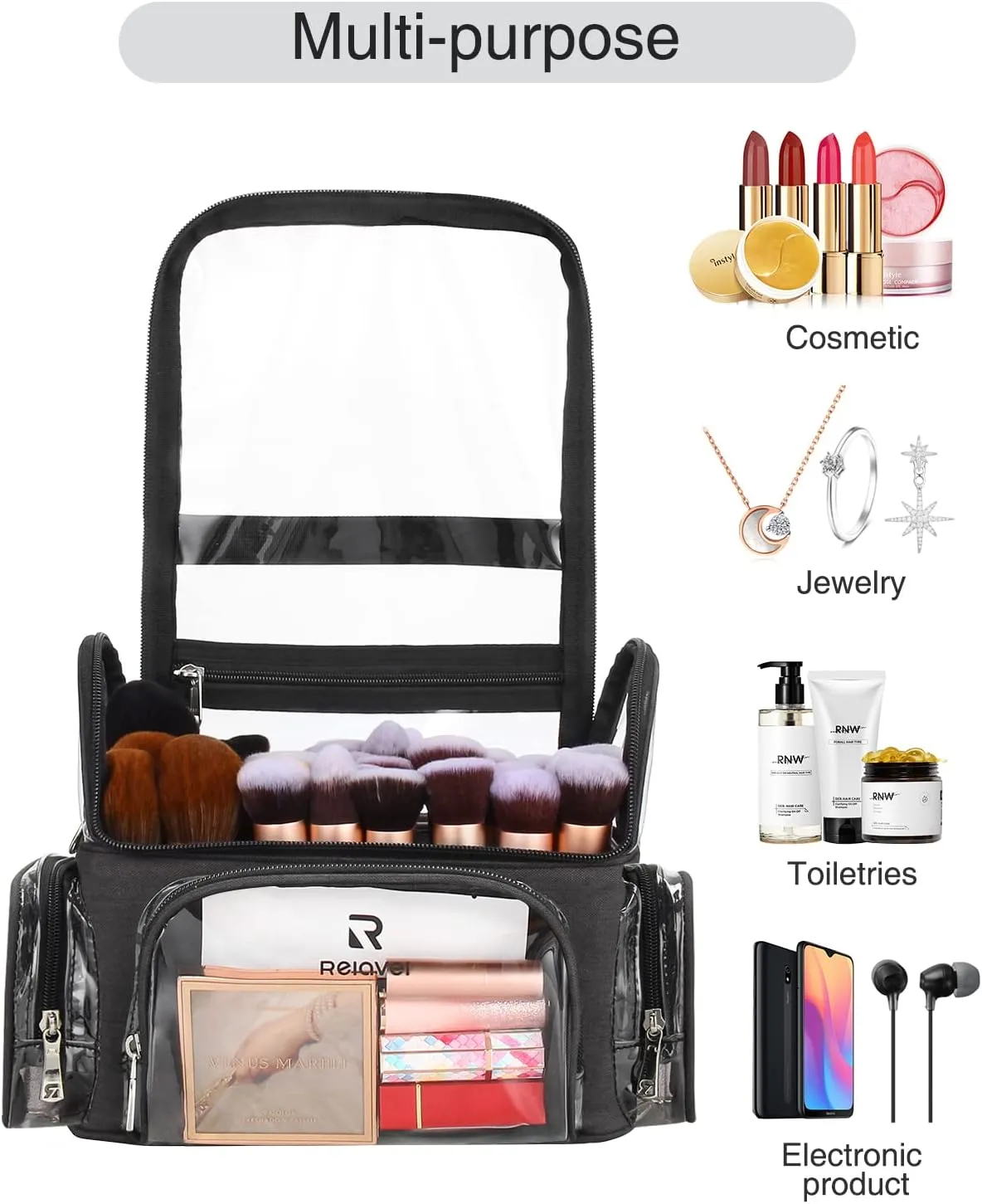 Makeup Brush Case, Large Makeup Brush Holder Professional Makeup Artist Travel Case Clear Waterproof Cosmetic Organizer Bag, Full Open Easy to Access, with Adjustable Strap and Dividers