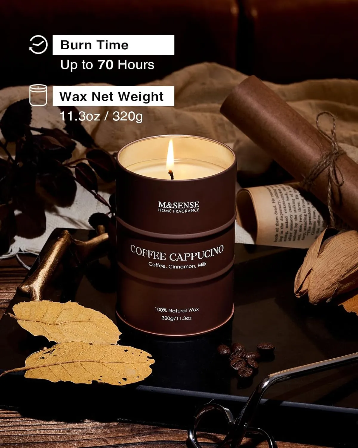 M&SENSE Coffee Cappucina Scented Candles, Soy Natural Wax Candle 11.3oz 70 Hours Long Lasting Burning, Strong Coffee Aroma Candle Unique Housewarming Appreciation Gifts for Coffee Lovers