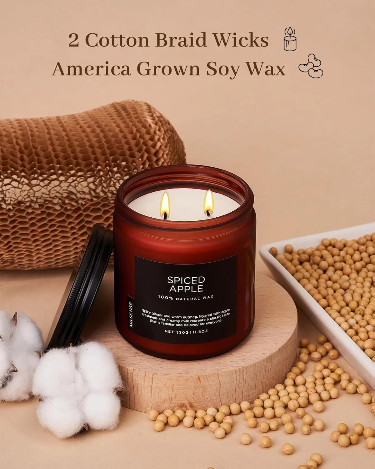 M&SENSE Spiced Apple 2 Wick Fall Scented Candle, 11.6oz Natural Soy Wax Candle for Autumn Decor, Up to 70 Hours Burn Time, Strong Fall Scented Candle Gift for Christmas Holiday Celebration