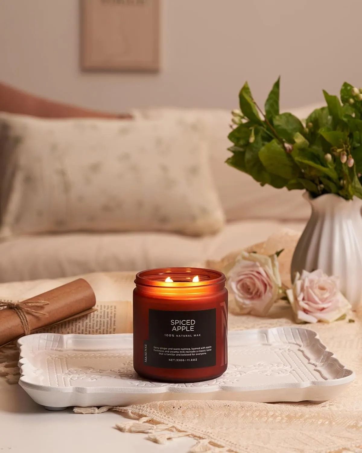 M&SENSE Spiced Apple 2 Wick Fall Scented Candle, 11.6oz Natural Soy Wax Candle for Autumn Decor, Up to 70 Hours Burn Time, Strong Fall Scented Candle Gift for Christmas Holiday Celebration