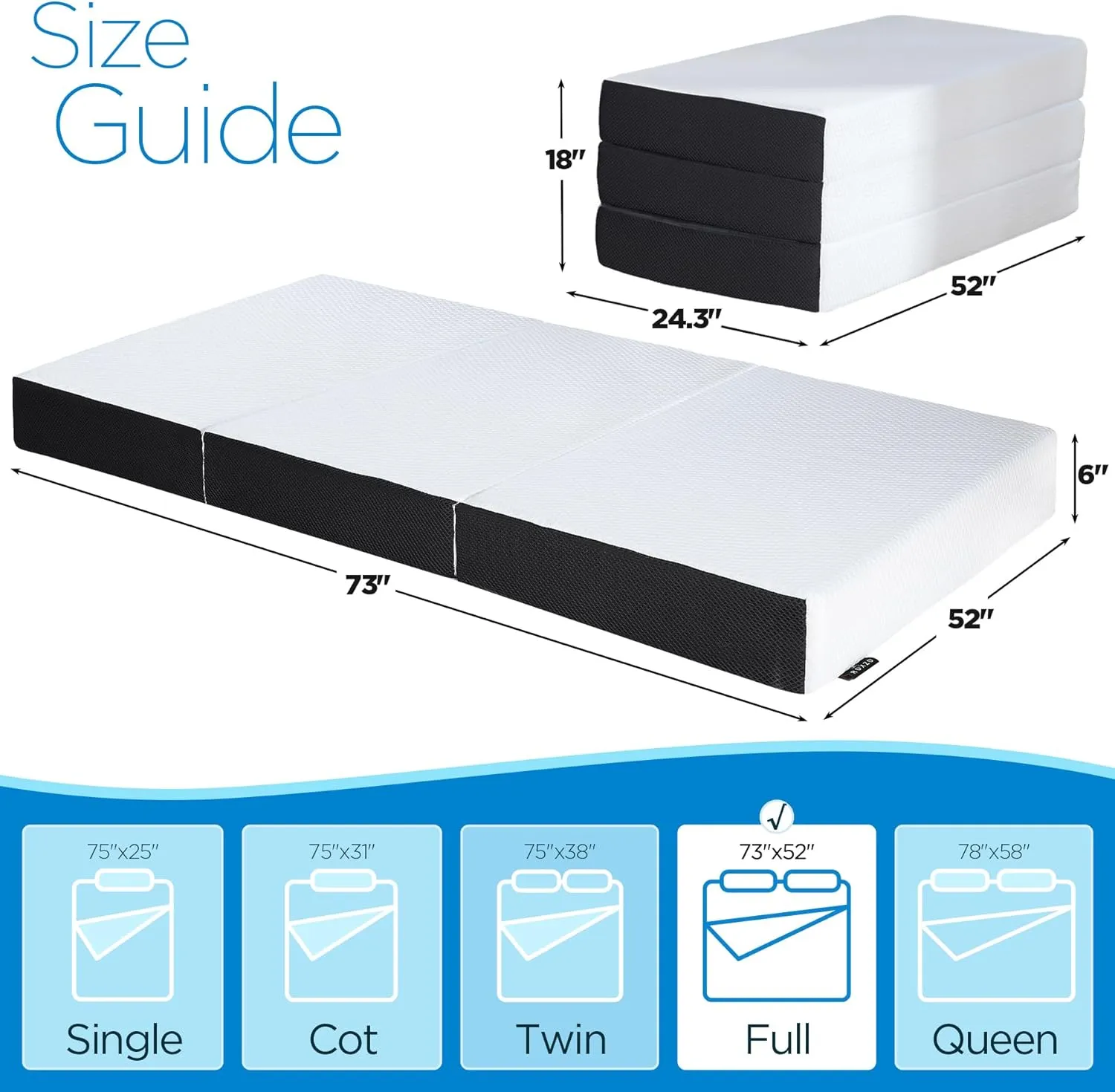 Mattress Topper, 6 Inch Memory Foam, Full Size, Tri-fold, Ventilated, Conform Ergonomics, Soft, Portable, Floor Guest Bed, 73x52x6 inches