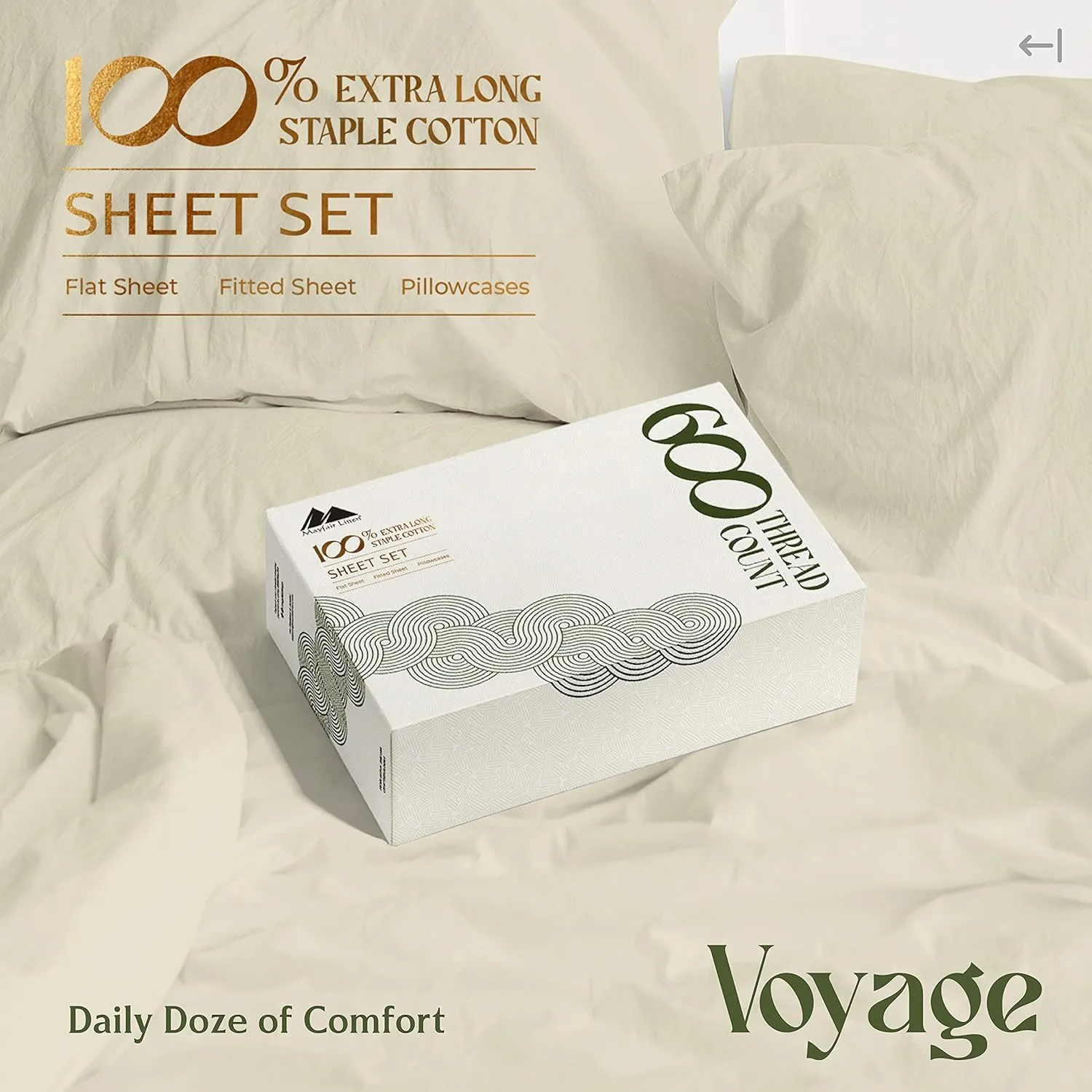 Mayfair Linen Luxury Egyptian Cotton Sheets King Size - 600 Thread Count Sheets King 4 PC Luxury Sheet King Size, 16" Deep Pocket, Soft, Cooling Sateen Weave Hotel Bed Sheet Set - Sand