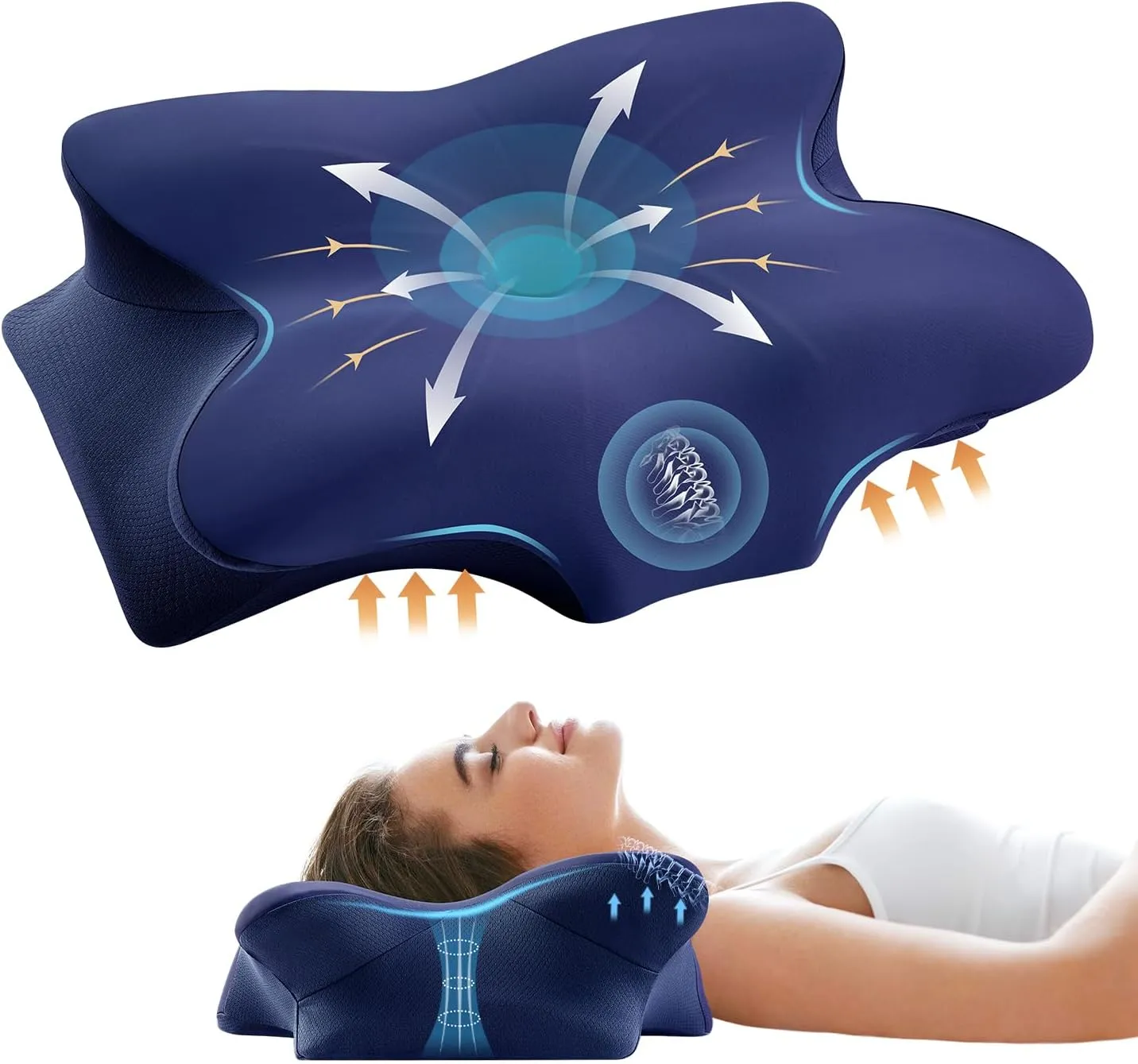 Memory Foam Cervical Pillow for Neck and Shoulder, Ergonomic Contour Cervical Neck Pillow for Sleeping, Cooling Neck Support Pillows for Side Back Stomach Sleeper Dark Blue