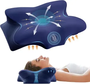 Memory Foam Cervical Pillow for Neck and Shoulder, Ergonomic Contour Cervical Neck Pillow for Sleeping, Cooling Neck Support Pillows for Side Back Stomach Sleeper Dark Blue