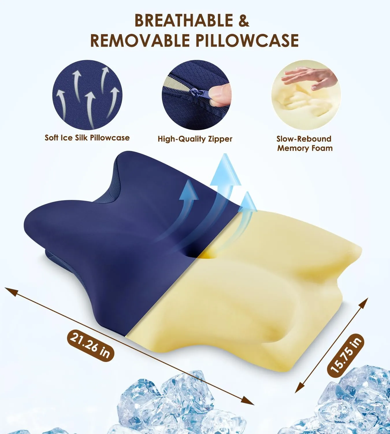 Memory Foam Cervical Pillow for Neck and Shoulder, Ergonomic Contour Cervical Neck Pillow for Sleeping, Cooling Neck Support Pillows for Side Back Stomach Sleeper Dark Blue