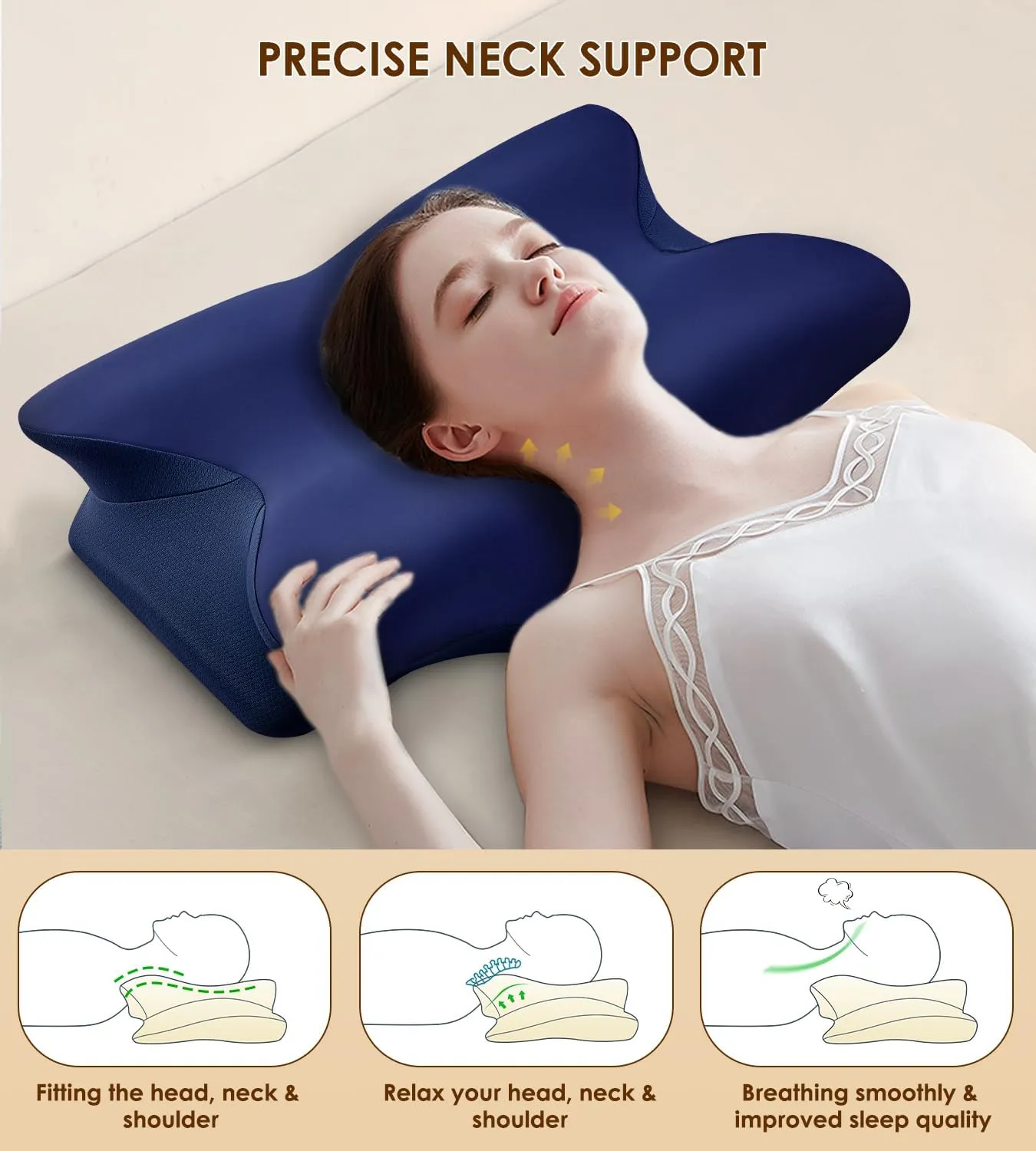 Memory Foam Cervical Pillow for Neck and Shoulder, Ergonomic Contour Cervical Neck Pillow for Sleeping, Cooling Neck Support Pillows for Side Back Stomach Sleeper Dark Blue
