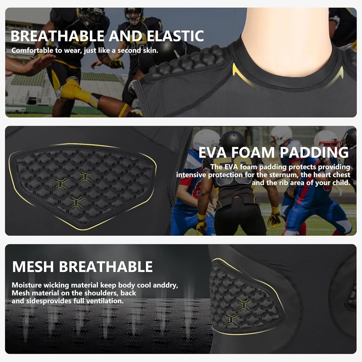 Men Football Padded Compression Shirt 5-Pads Chest Rib Protector Padded Shirt for Football Rugby Baseball Lacrosse