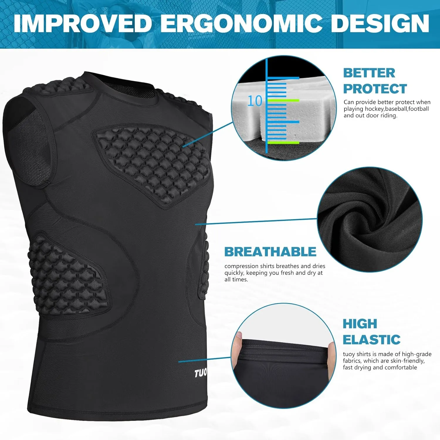 Men Football Padded Compression Shirt 5-Pads Chest Rib Protector Padded Shirt for Football Rugby Baseball Lacrosse