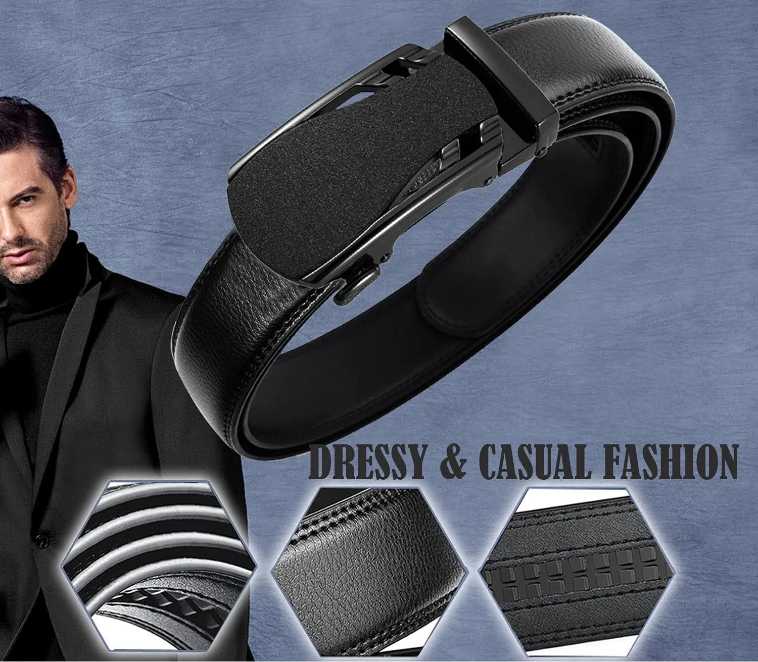 Men's leather Slide Ratchet Belt Casual with Automatic Buckle For Men Dress Pant Shirt Micro Adjustable