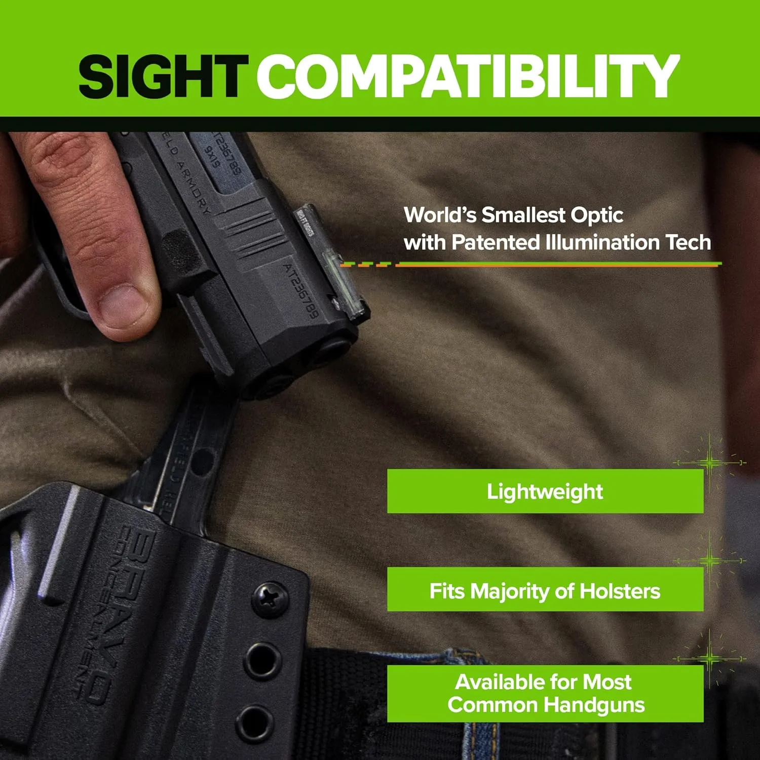 Meprolight Mepro FT Green Bullseye Front Sight - Fiber-Optic Day/Night Sight, Tritium Powered Pistol Optic, No Battery Required, Fits Most Holsters