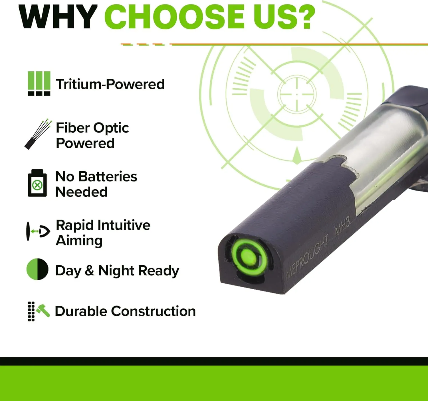 Meprolight Mepro FT Green Bullseye Front Sight - Fiber-Optic Day/Night Sight, Tritium Powered Pistol Optic, No Battery Required, Fits Most Holsters