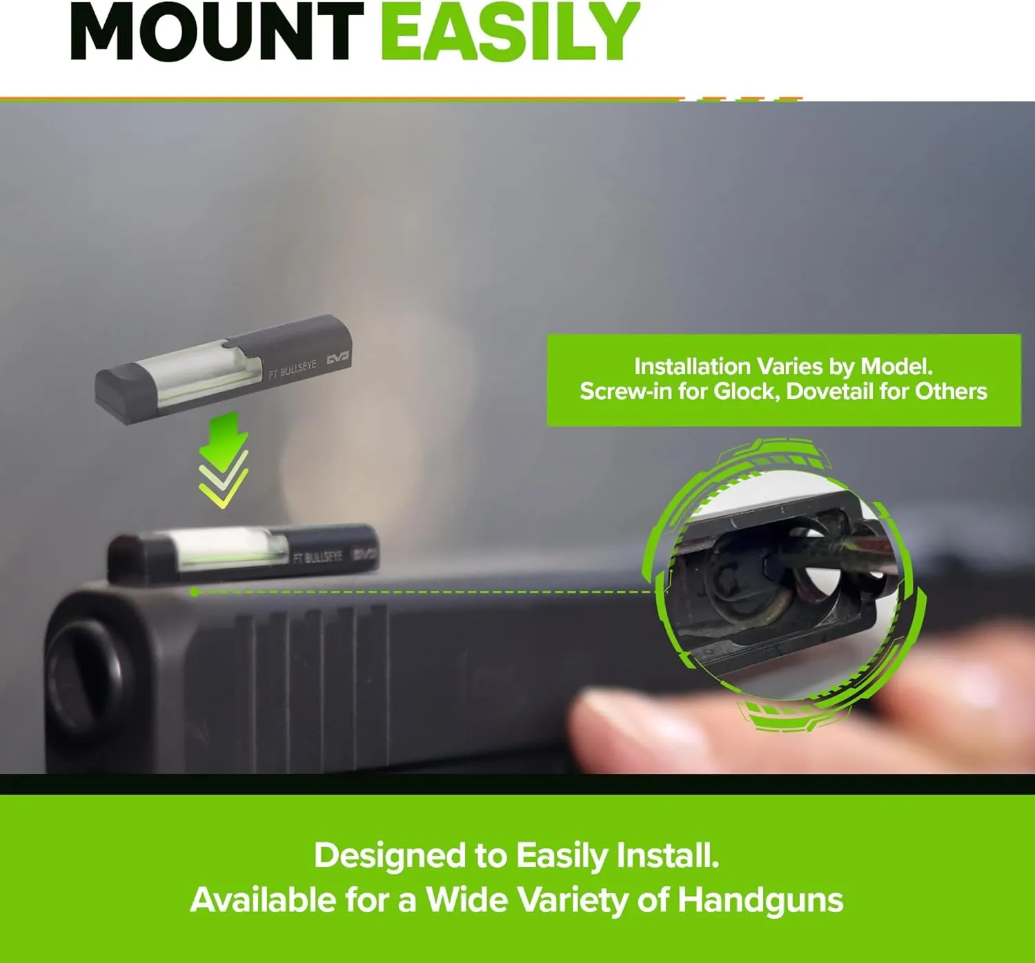 Meprolight Mepro FT Green Bullseye Front Sight - Fiber-Optic Day/Night Sight, Tritium Powered Pistol Optic, No Battery Required, Fits Most Holsters