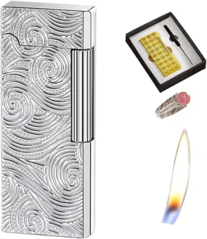 Mini Portable Vintage Relief Adjustable Open Flame Lighter, Grinding Wheel Flint Side Slide Ignition Butane Torch Lighter, Refillable Gas, Candle Cigar Outdoor Camping Lighter, Men'S Gift(Silver1)