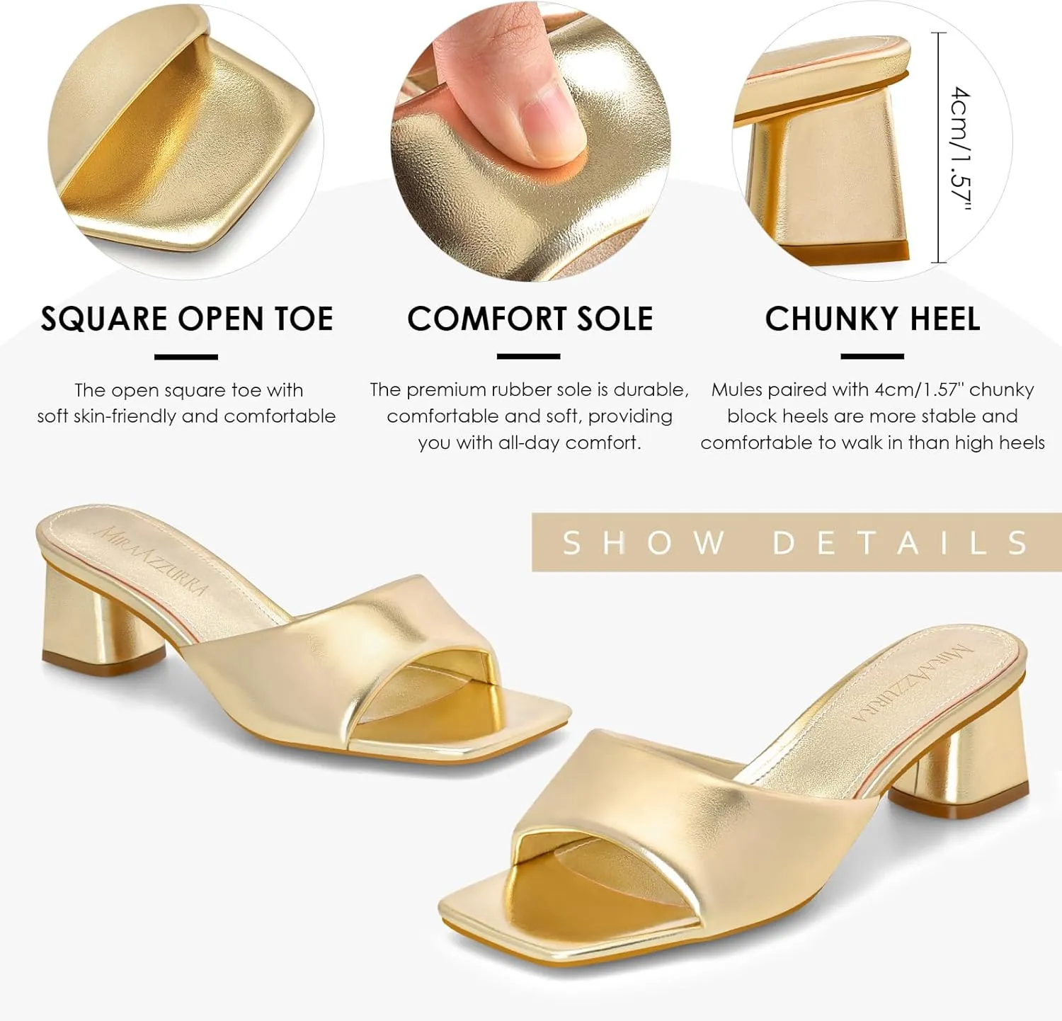 MIRAAZZURRA Heel Mules for Woman Square Open Toe Chunky Block Heel Slip on Heeled Sandals Casual Comfort Party Shoes