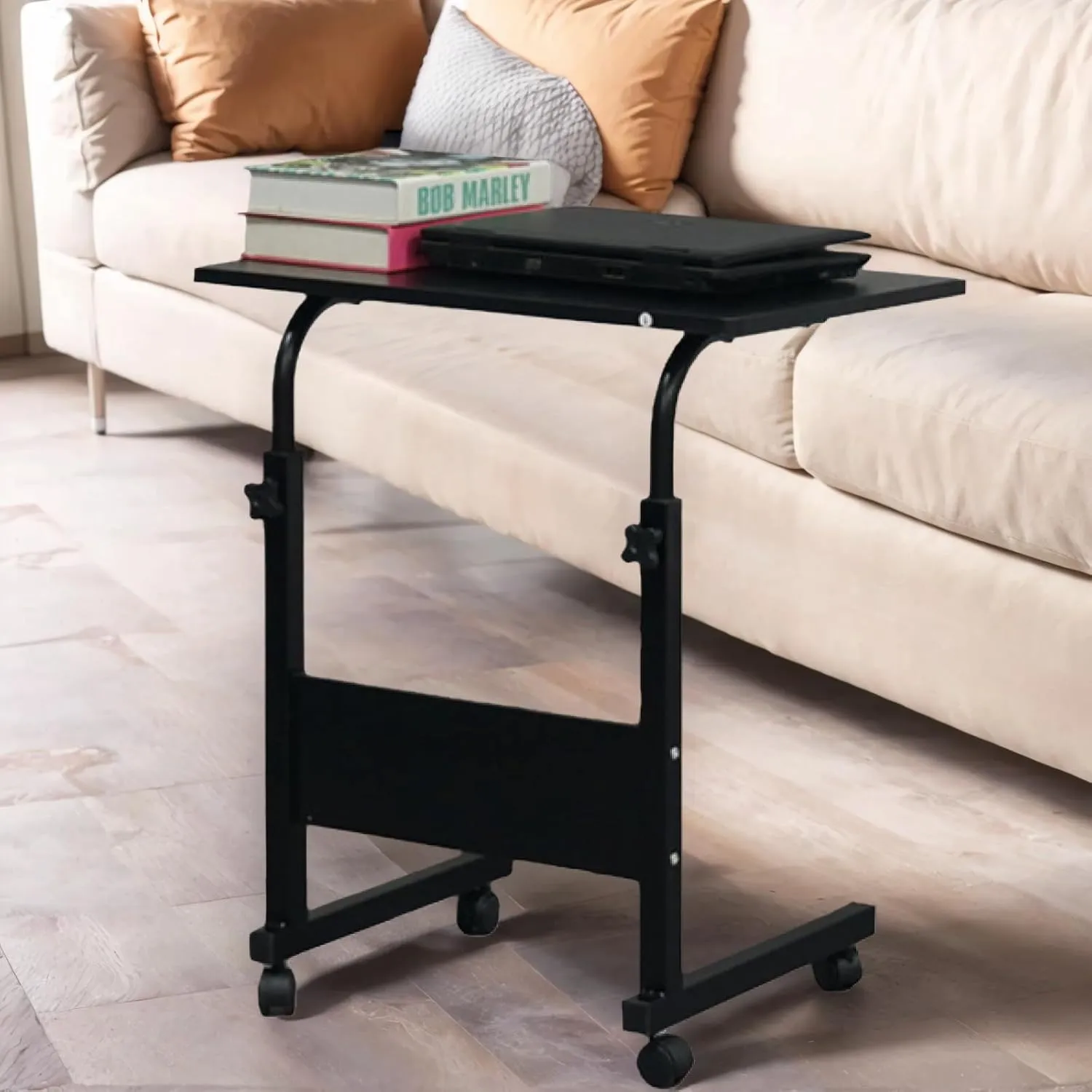 Mobile Side Table 23.6 Inch Computer Desk with Wheels Height Adjustable Rolling Potable Laptop Cart, C-Shaped Bed Couch End Tables with Baffle for Livingroom Bedroom School