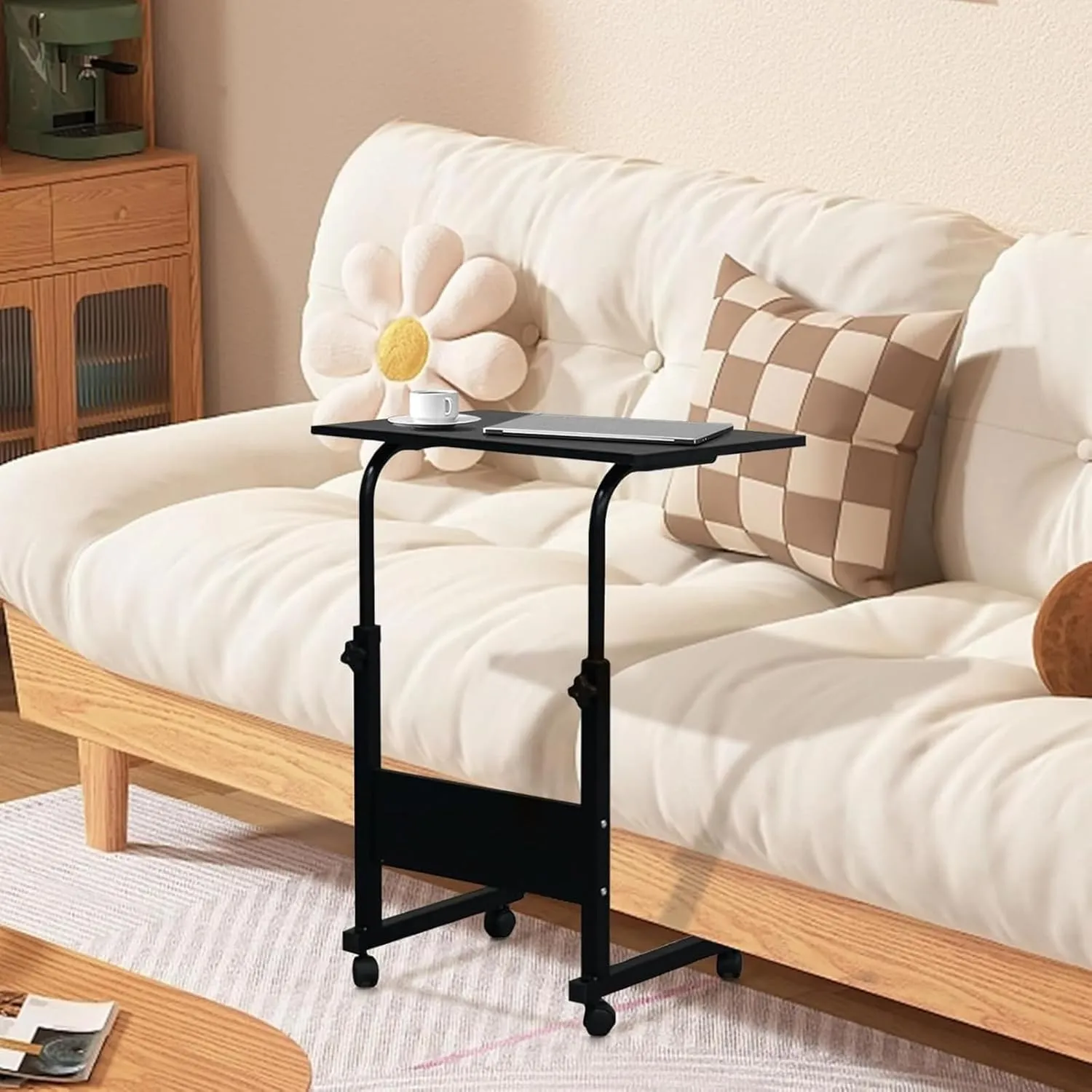 Mobile Side Table 23.6 Inch Computer Desk with Wheels Height Adjustable Rolling Potable Laptop Cart, C-Shaped Bed Couch End Tables with Baffle for Livingroom Bedroom School