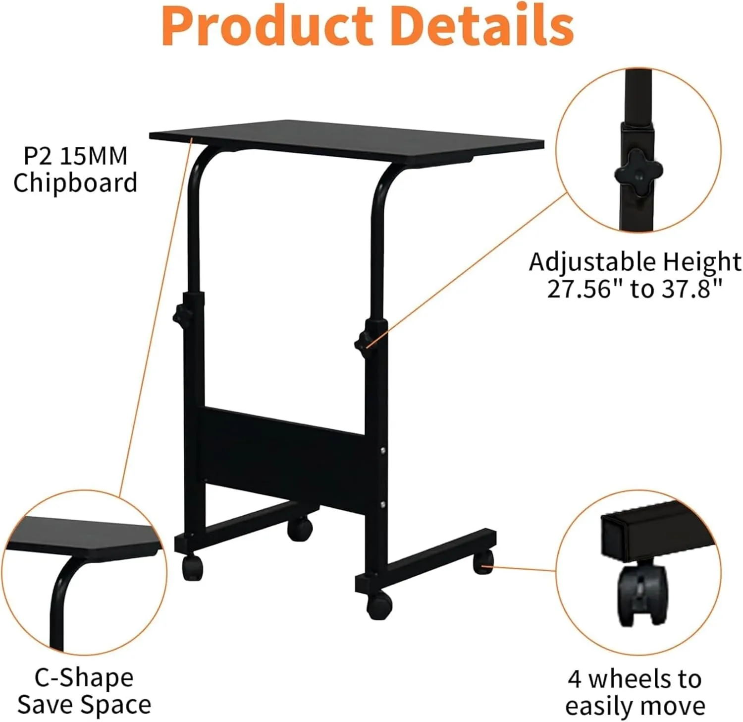Mobile Side Table 23.6 Inch Computer Desk with Wheels Height Adjustable Rolling Potable Laptop Cart, C-Shaped Bed Couch End Tables with Baffle for Livingroom Bedroom School