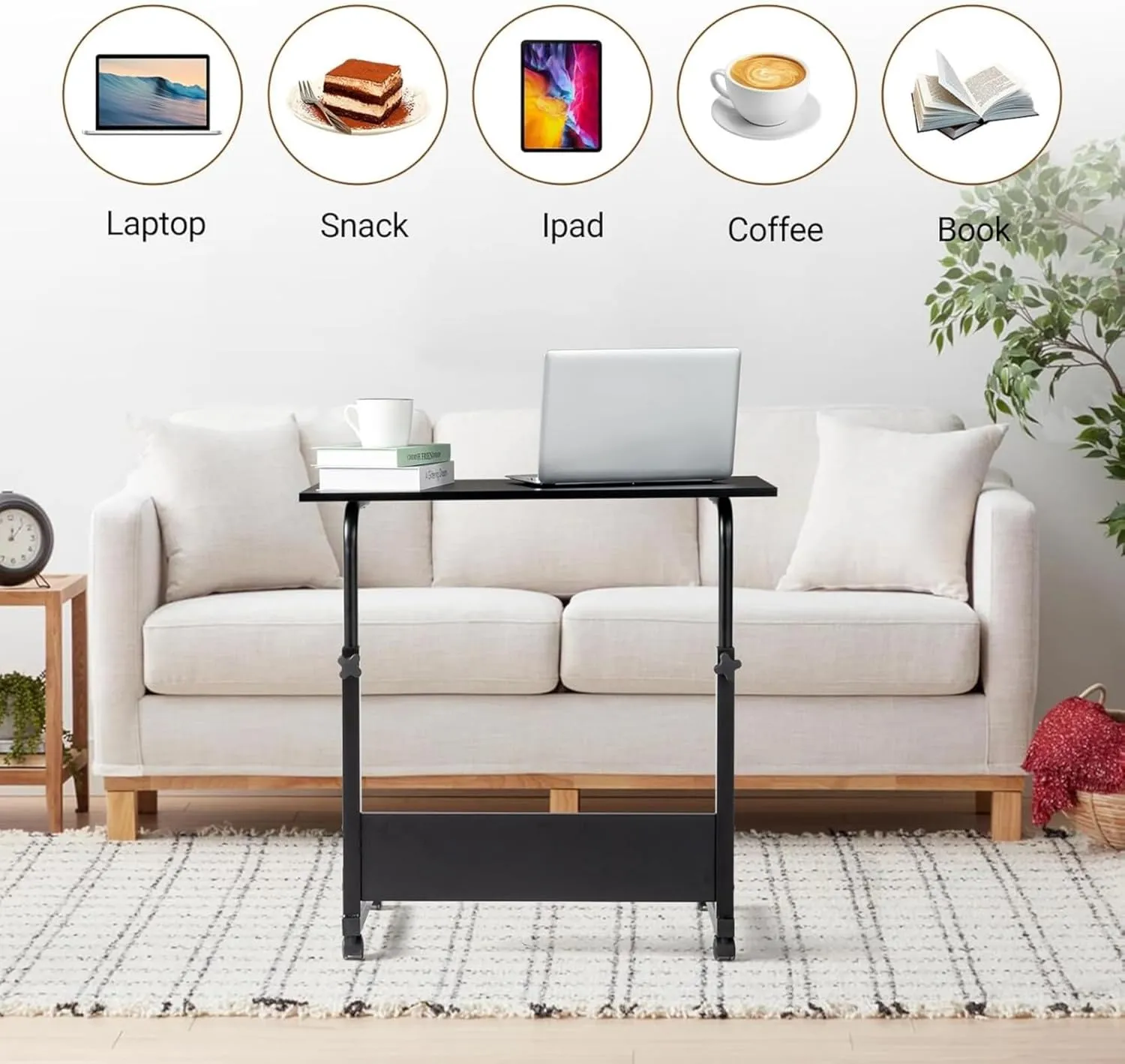Mobile Side Table 23.6 Inch Computer Desk with Wheels Height Adjustable Rolling Potable Laptop Cart, C-Shaped Bed Couch End Tables with Baffle for Livingroom Bedroom School