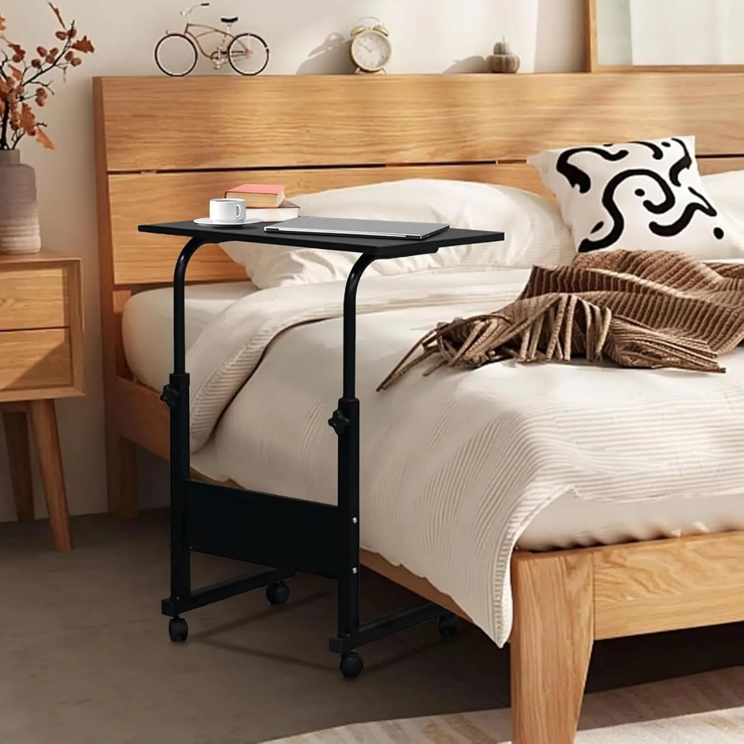 Mobile Side Table 23.6 Inch Computer Desk with Wheels Height Adjustable Rolling Potable Laptop Cart, C-Shaped Bed Couch End Tables with Baffle for Livingroom Bedroom School