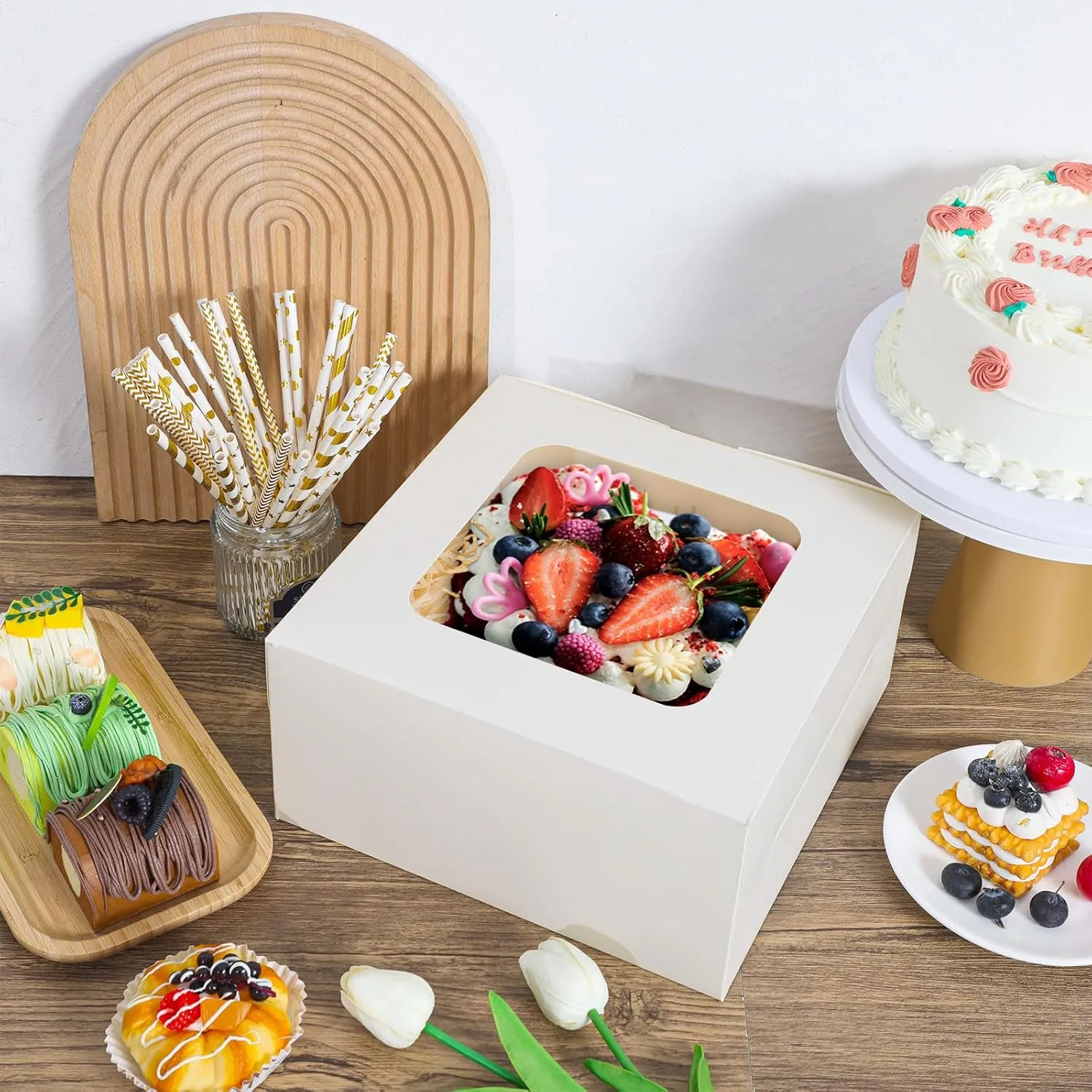 Moretoes 24pcs Cake Boxes, 10x10x5 Inches White Square Bakery Boxes with Window Cajas Pasteles for Cake, Mother's Day, Pastries, Chocolates, Cookies, Pie, Birthday Party, Wedding